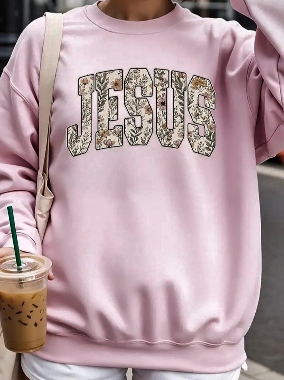 COLORBEAR Pink Floral JESUS Graphic Crewneck Sweatshirt